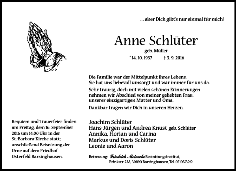 Traueranzeigen von Anne Schlüter trauer anzeigen de