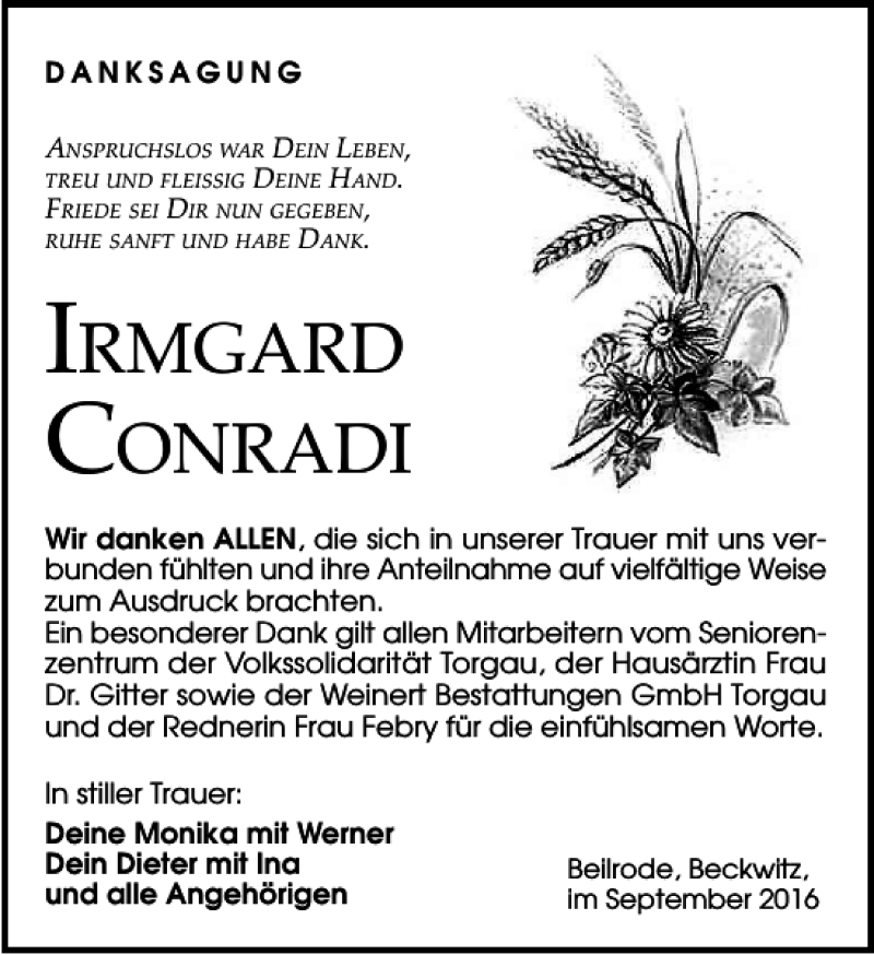 Traueranzeigen Von Irmgard Conradi Trauer Anzeigen De