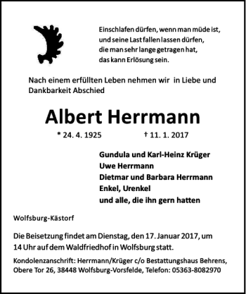 Traueranzeigen Von Albert Herrmann Trauer Anzeigen De