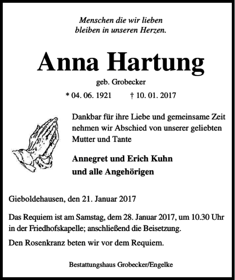 Traueranzeigen Von Anna Hartung Trauer Anzeigen De