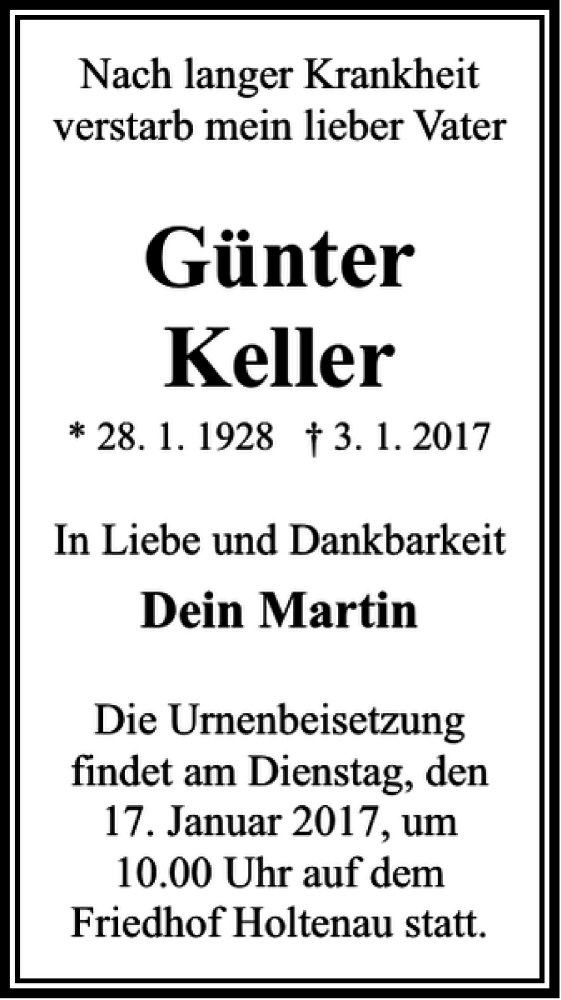 Traueranzeigen von Günter Keller trauer anzeigen de