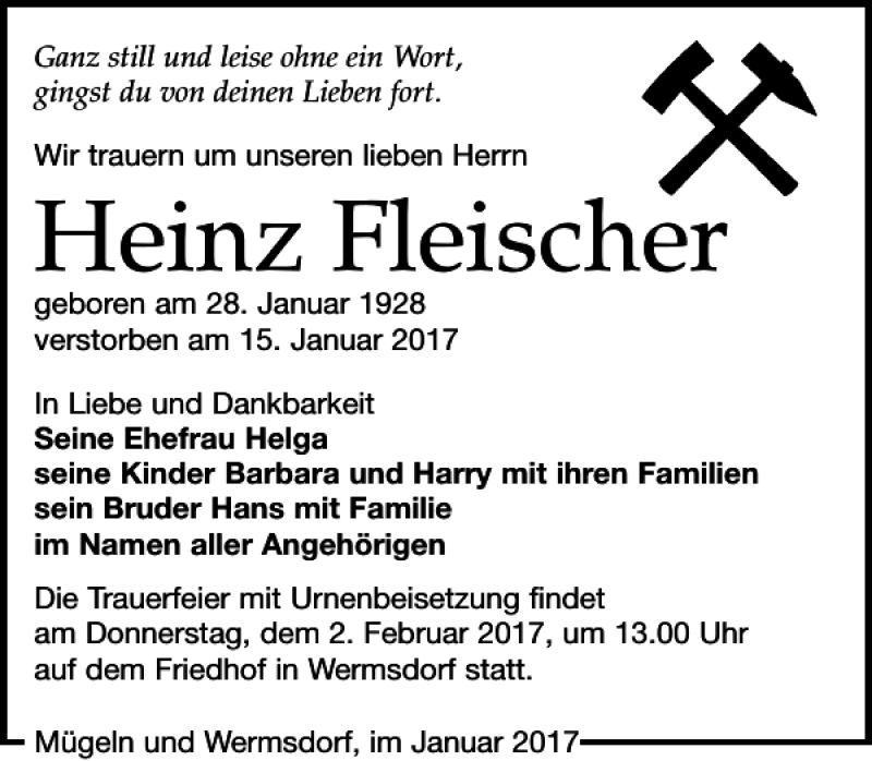 Traueranzeigen Von Heinz Fleischer Trauer Anzeigen De