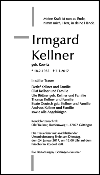 Traueranzeigen Von Irmgard Kellner Trauer Anzeigen De