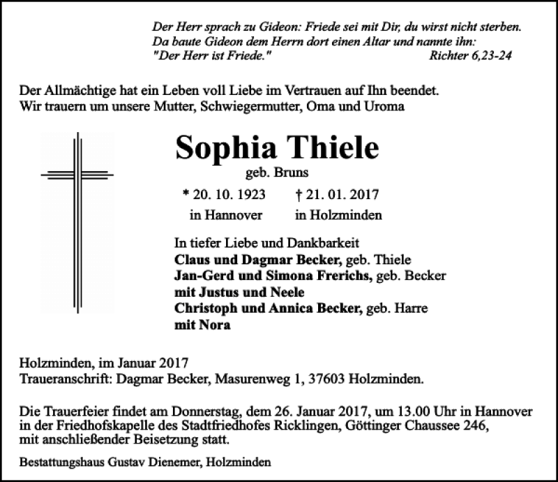 Traueranzeigen Von Sophia Thiele Trauer Anzeigen De