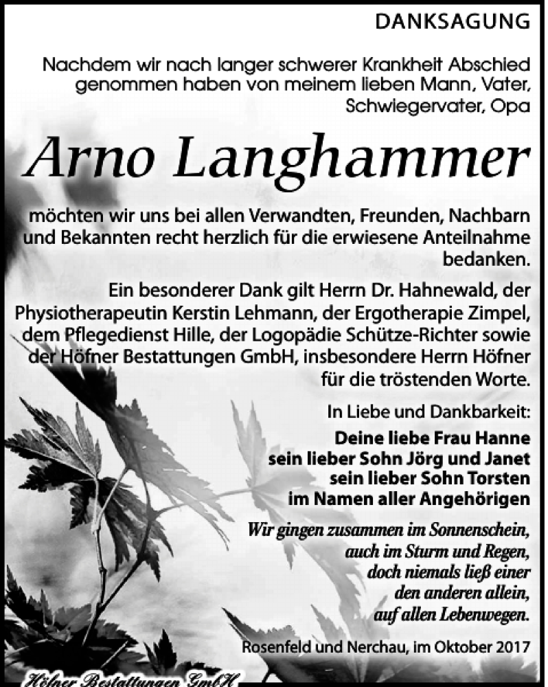 Traueranzeigen Von Arno Langhammer Trauer Anzeigen De