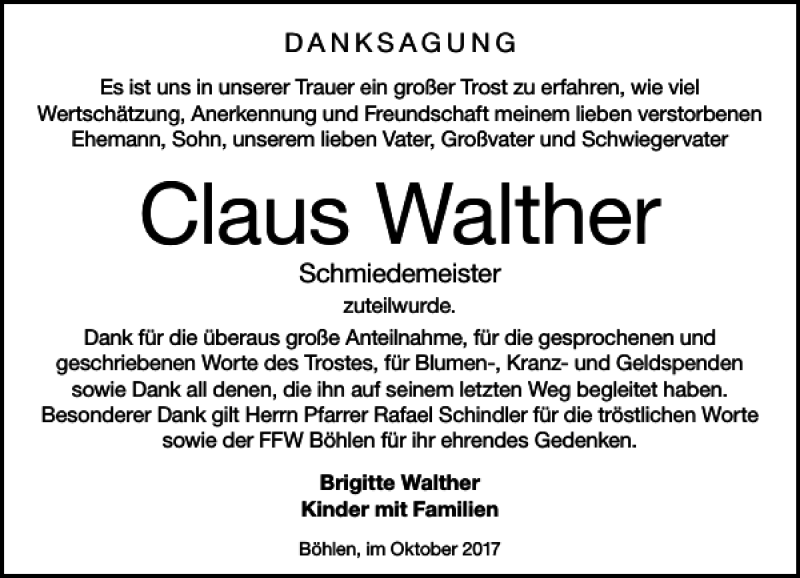 Traueranzeigen Von Claus Walther Trauer Anzeigen De