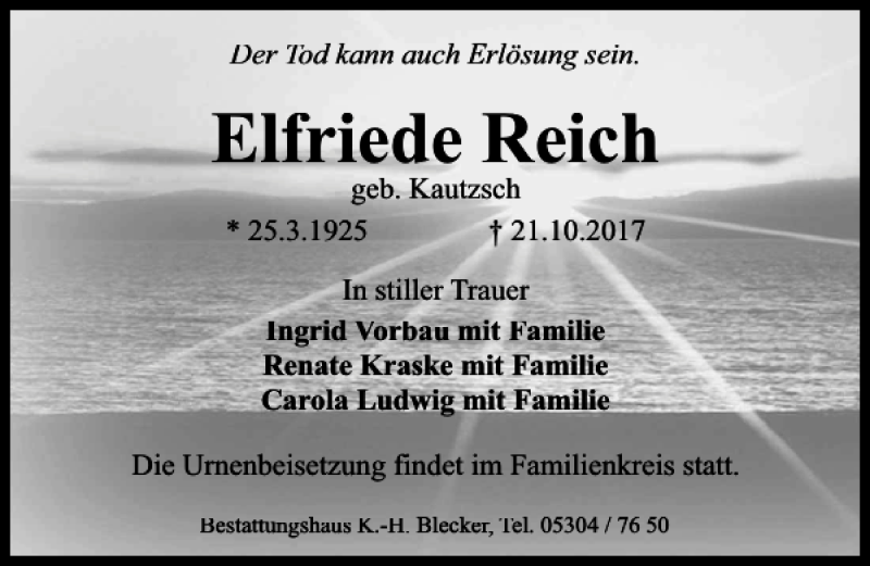 Traueranzeigen Von Elfriede Reich Trauer Anzeigen De