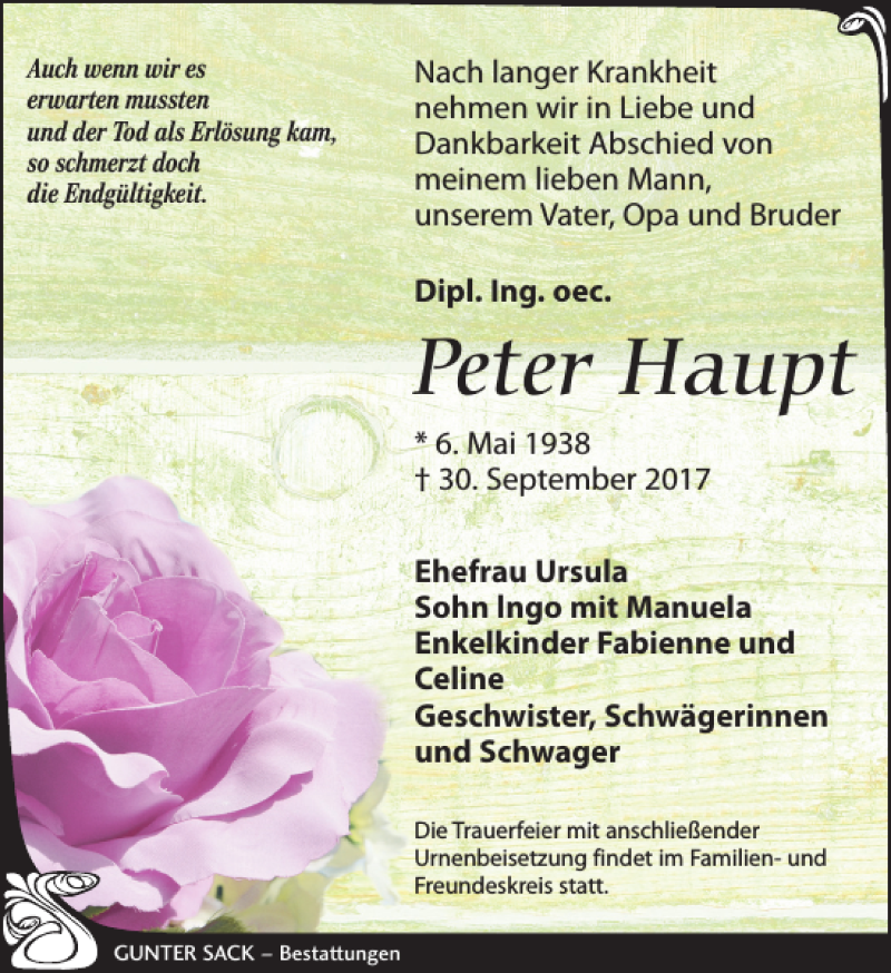 Traueranzeigen Von Peter Haupt Trauer Anzeigen De