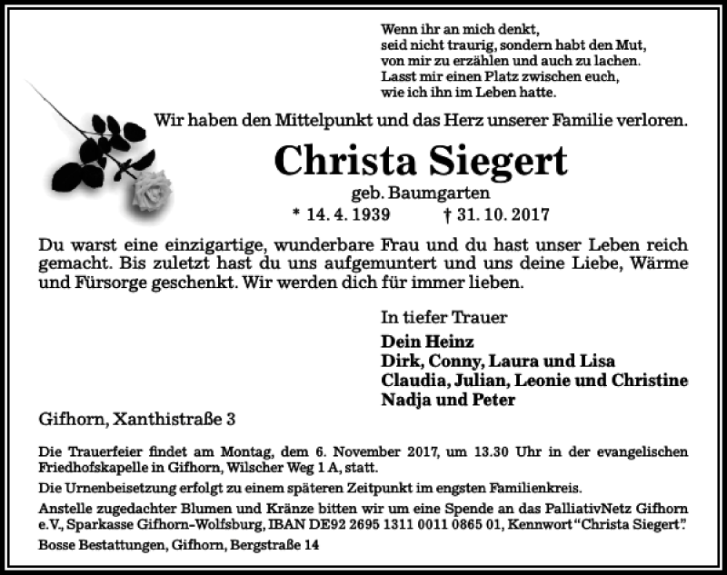 Traueranzeigen Von Christa Siegert Trauer Anzeigen De