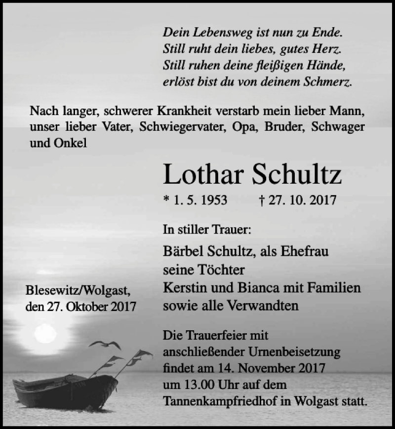 Traueranzeigen Von Lothar Schultz Trauer Anzeigen De