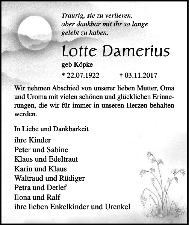 Traueranzeigen Von Lotte Damerius Trauer Anzeigen De