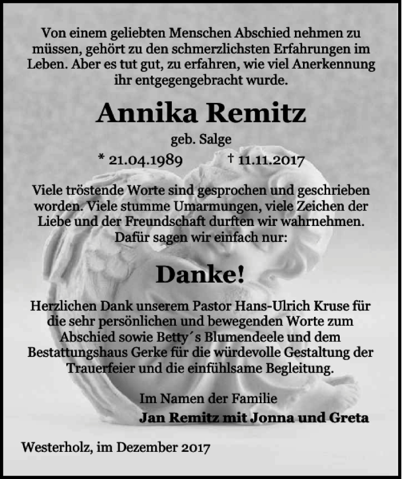 Traueranzeigen Von Annika Remitz Trauer Anzeigen De