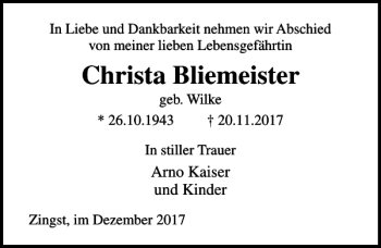 Traueranzeigen Von Christa Bliemeister Trauer Anzeigen De