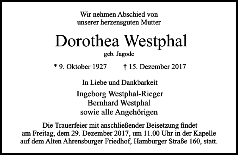 Traueranzeigen Von Dorothea Westphal Trauer Anzeigen De