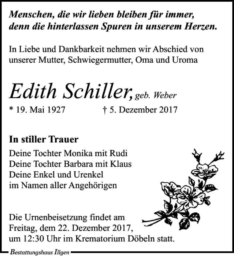 Traueranzeigen Von Edith Schiller Trauer Anzeigen De