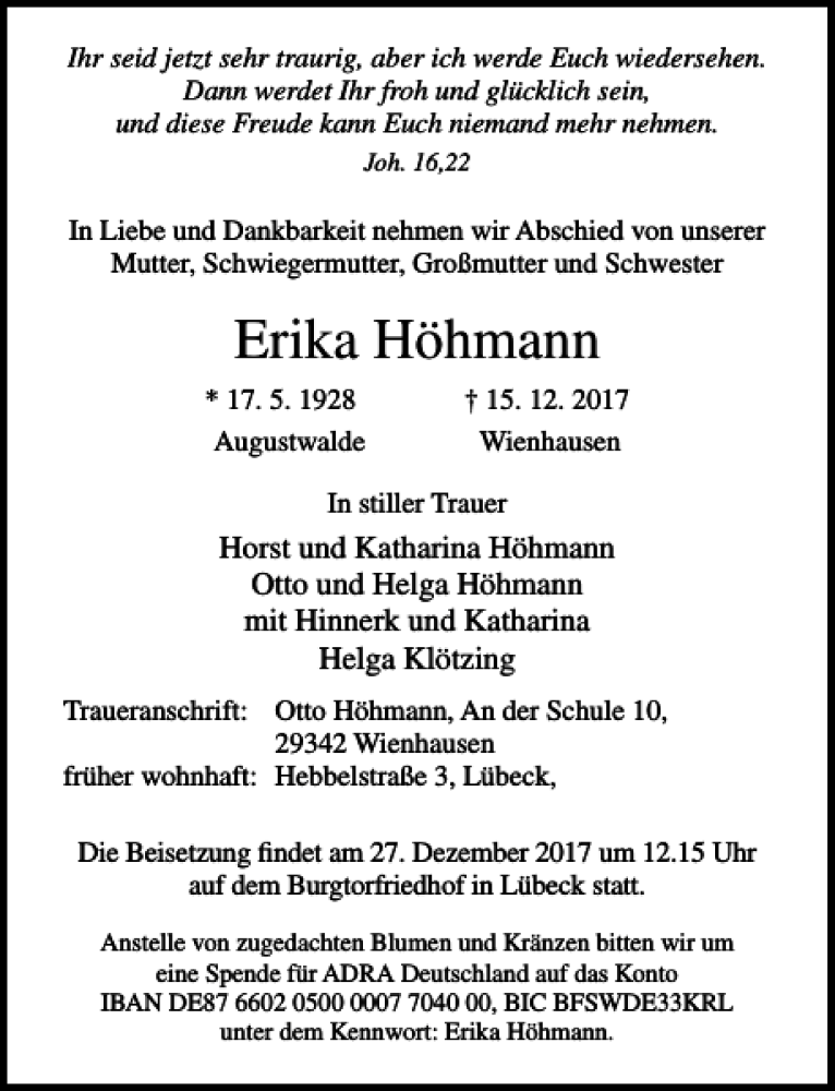 Traueranzeigen Von Erika H Hmann Trauer Anzeigen De