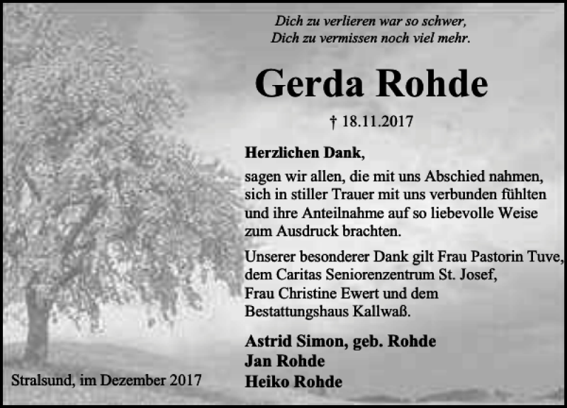 Traueranzeigen Von Gerda Rohde Trauer Anzeigen De