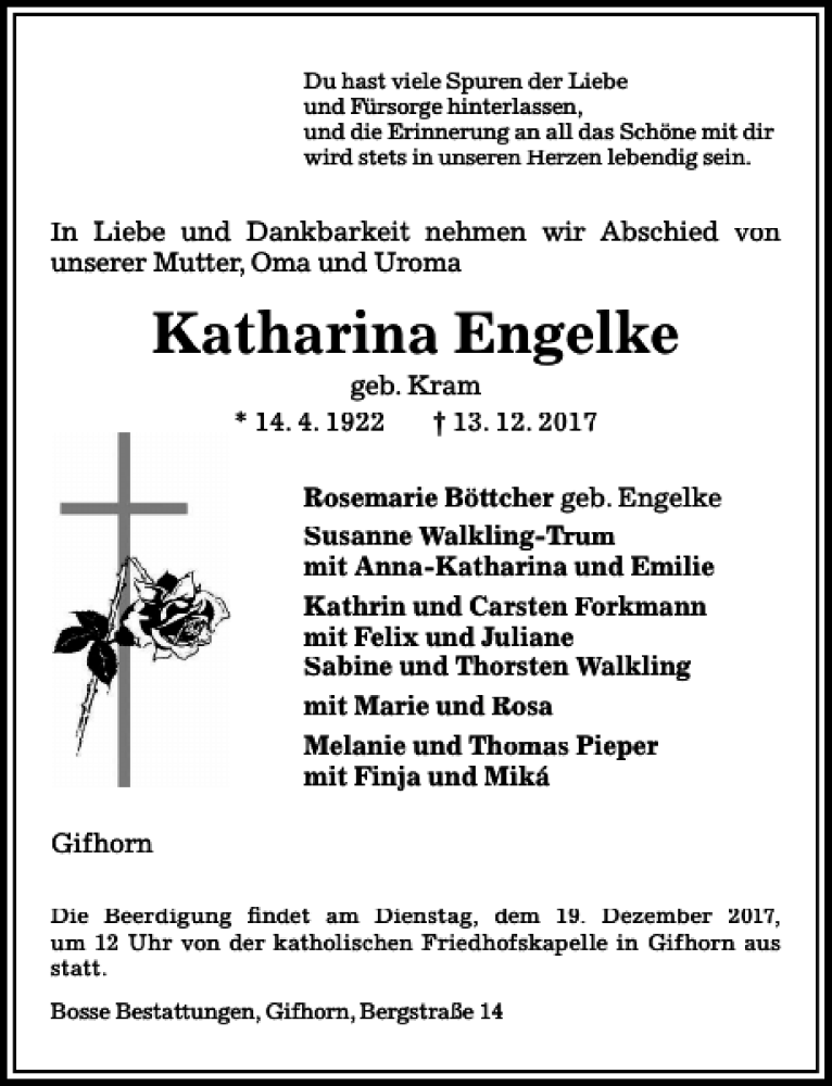 Traueranzeigen Von Katharina Engelke Trauer Anzeigen De