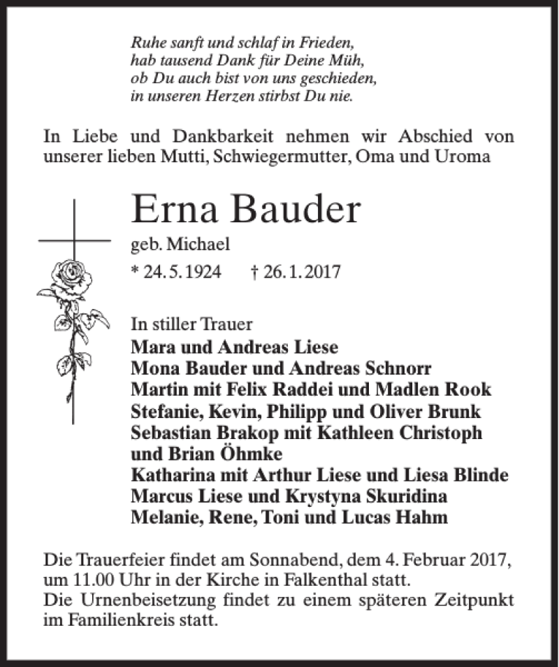 Traueranzeigen Von Erna Bauder Trauer Anzeigen De