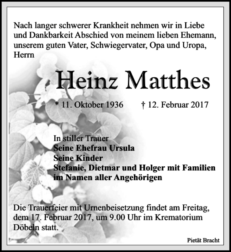 Traueranzeigen Von Heinz Matthes Trauer Anzeigen De