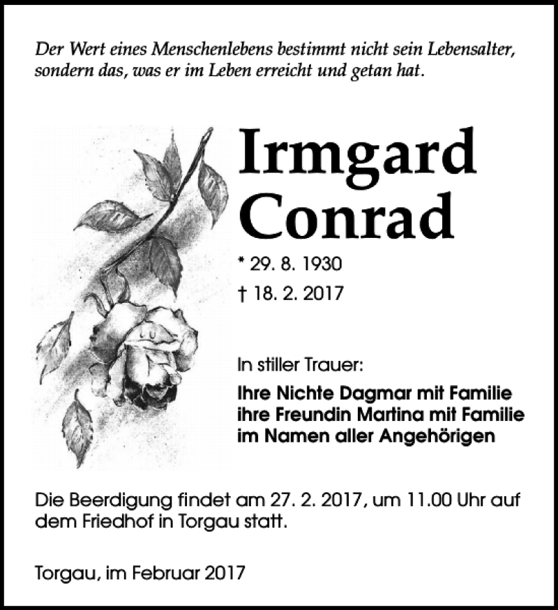 Traueranzeigen Von Irmgard Conrad Trauer Anzeigen De