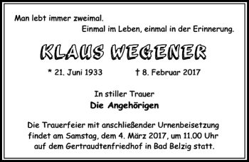 Traueranzeigen Von Klaus Wegener Trauer Anzeigen De