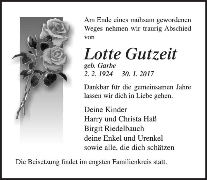 Traueranzeigen Von Lotte Gutzeit Trauer Anzeigen De