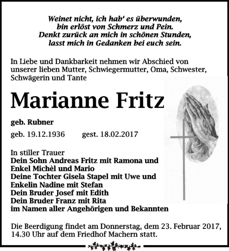 Traueranzeigen Von Marianne Fritz Trauer Anzeigen De