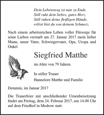 Traueranzeigen Von Siegfried Matthe Trauer Anzeigen De