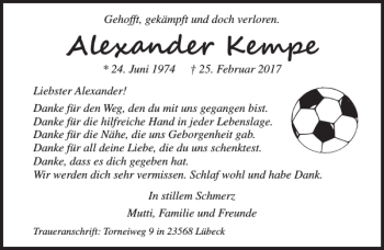 Traueranzeigen Von Alexander Kempe Trauer Anzeigen De