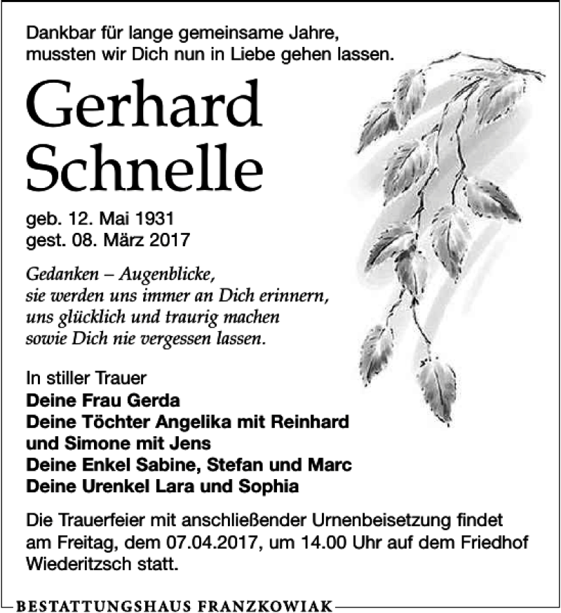 Traueranzeigen Von Gerhard Schnelle Trauer Anzeigen De