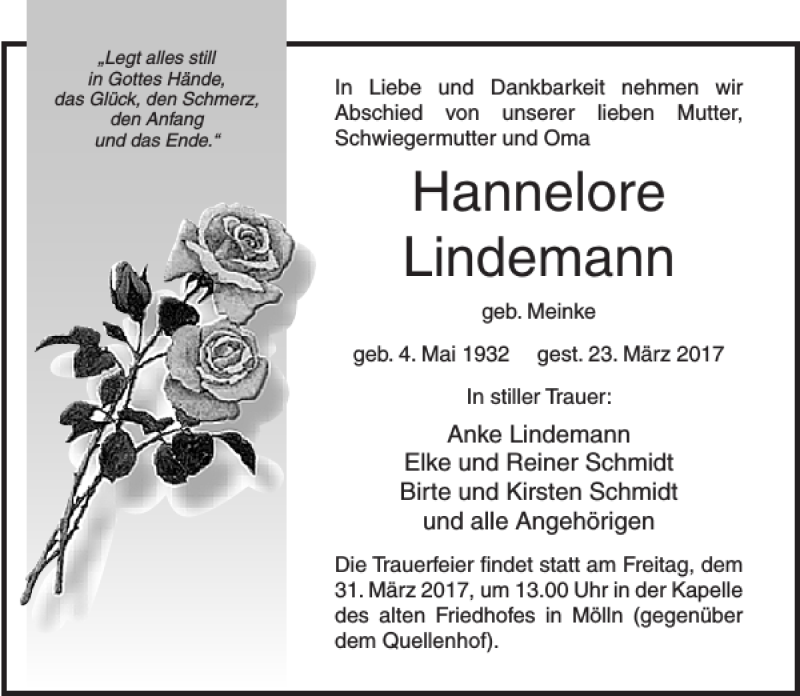 Traueranzeigen Von Hannelore Lindemann Trauer Anzeigen De