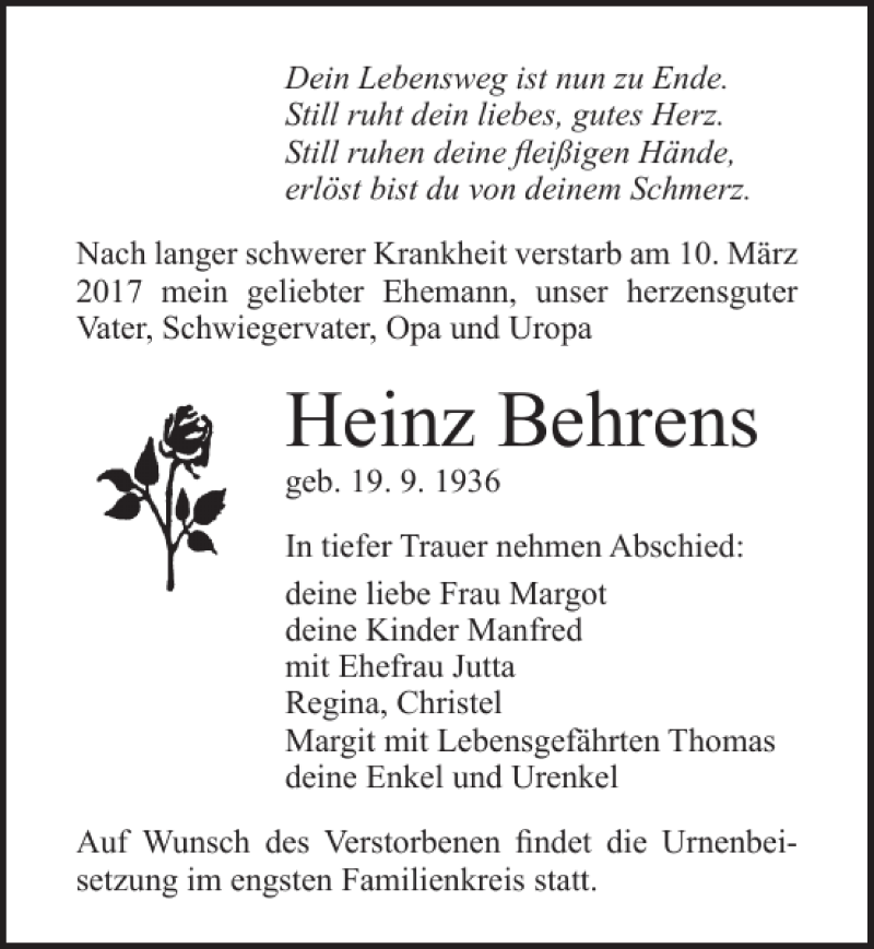 Traueranzeigen Von Heinz Behrens Trauer Anzeigen De