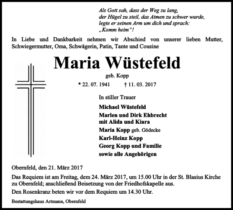 Traueranzeigen Von Maria W Stefeld Trauer Anzeigen De