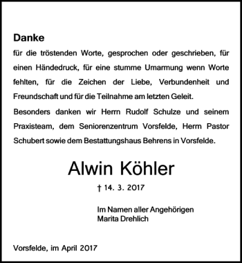 Traueranzeigen Von Alwin K Hler Trauer Anzeigen De