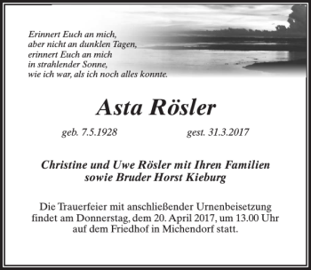 Traueranzeigen von Asta Rösler trauer anzeigen de