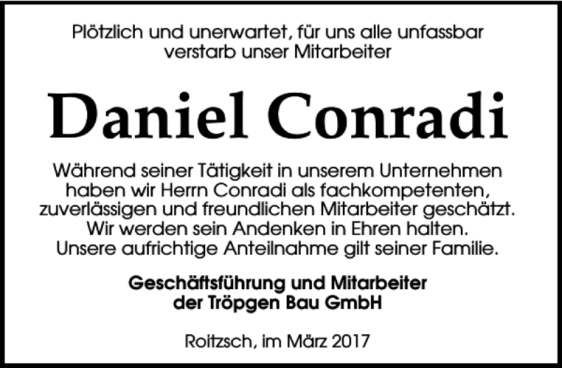 Traueranzeigen Von Daniel Conradi Trauer Anzeigen De