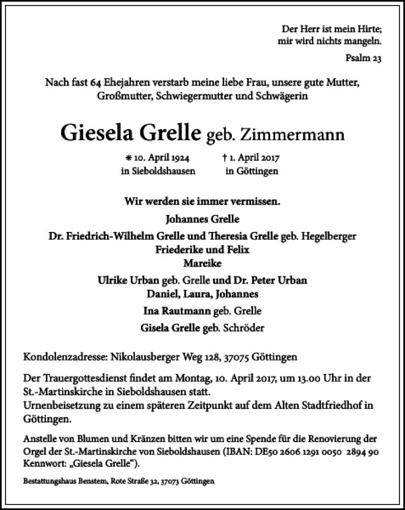 Traueranzeigen Von Giesela Grelle Trauer Anzeigen De