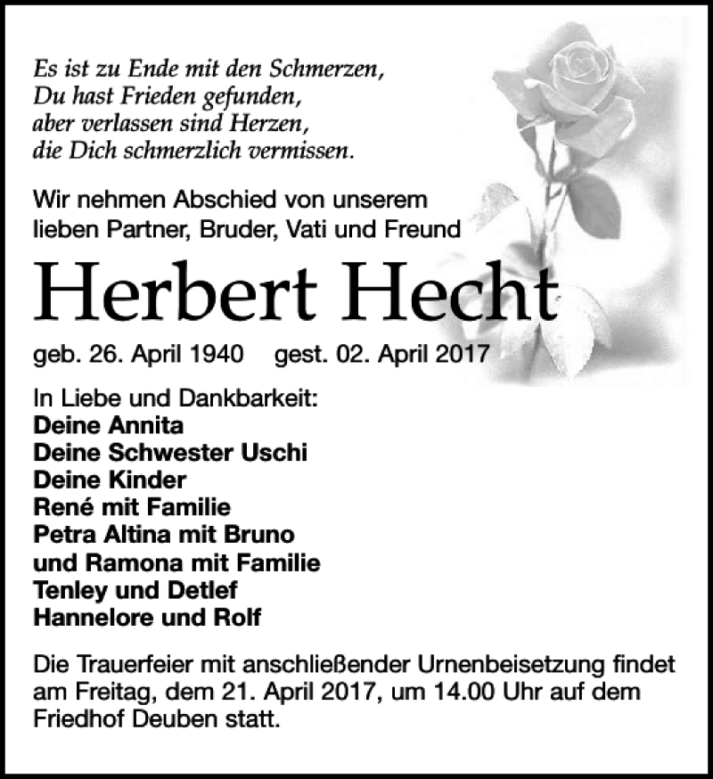 Traueranzeigen Von Herbert Hecht Trauer Anzeigen De