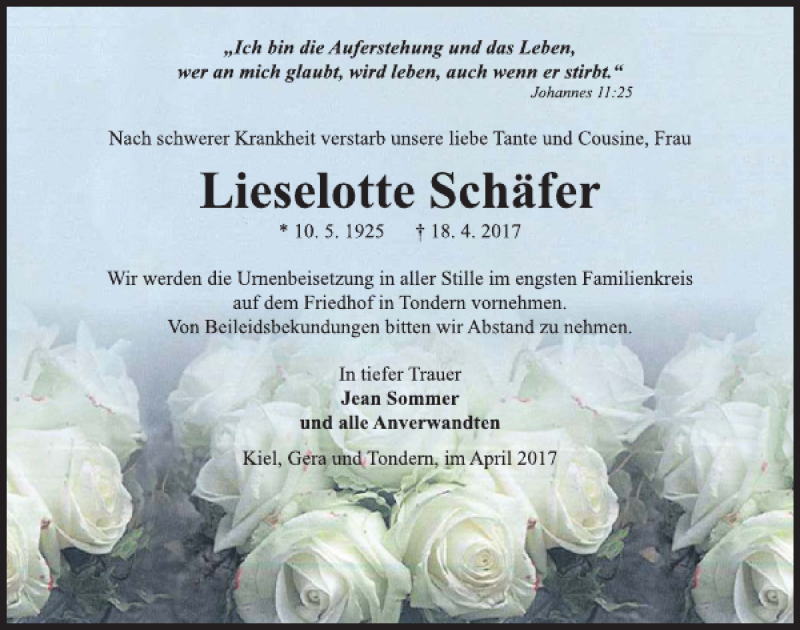 Traueranzeigen von Lieselotte Schäfer trauer anzeigen de