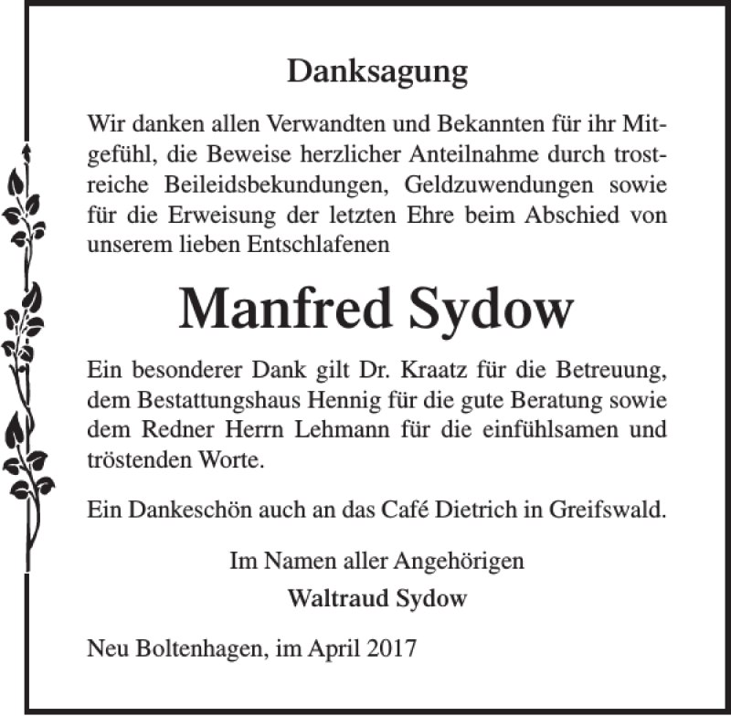 Traueranzeigen Von Manfred Sydow Trauer Anzeigen De