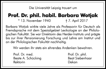 Traueranzeigen Von Prof Dr Phil Habil Barbara Wotjak Trauer