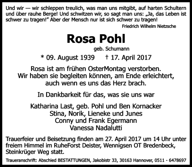 Traueranzeigen Von Rosa Pohl Trauer Anzeigen De