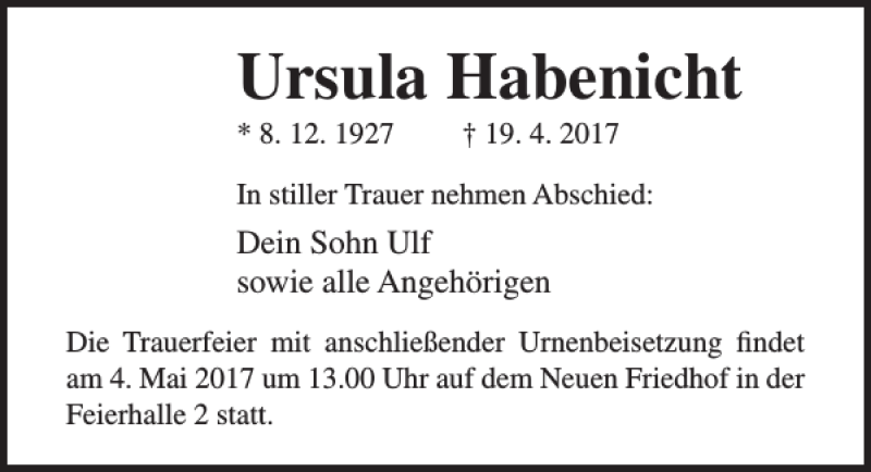 Traueranzeigen Von Ursula Habenicht Trauer Anzeigen De