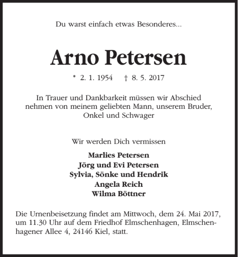 Traueranzeigen Von Arno Petersen Trauer Anzeigen De