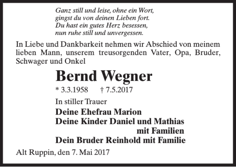 Traueranzeigen Von Bernd Wegner Trauer Anzeigen De