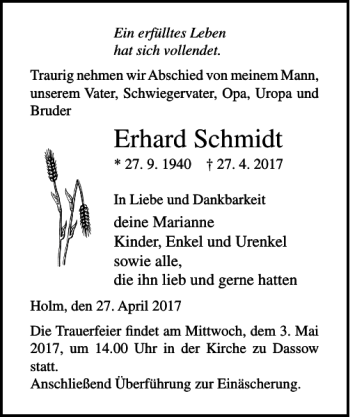 Traueranzeigen Von Erhard Schmidt Trauer Anzeigen De