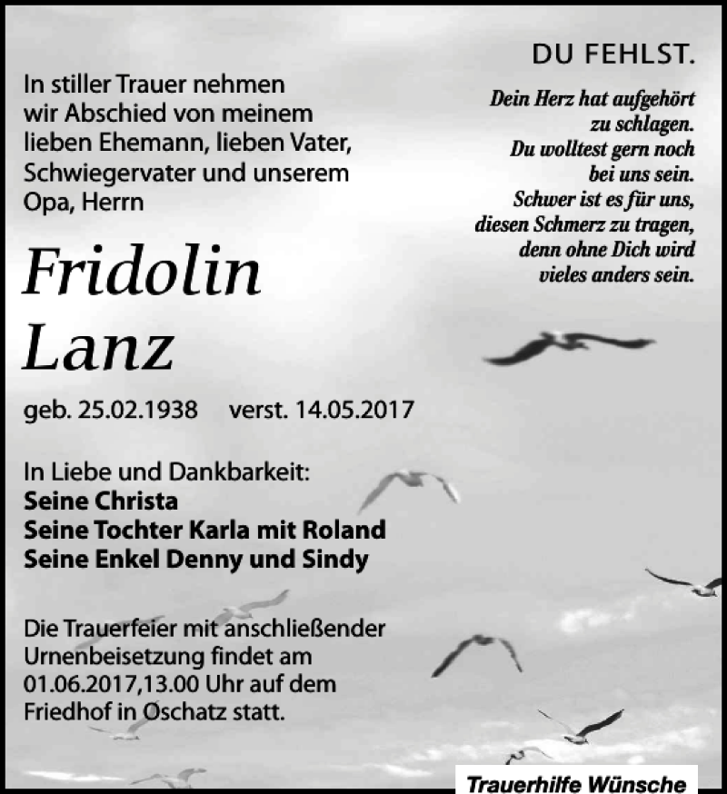 Traueranzeigen Von Fridolin Lanz Trauer Anzeigen De