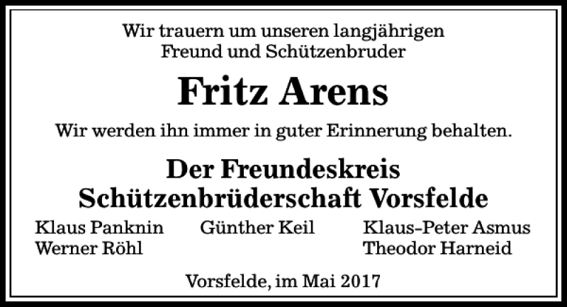 Traueranzeigen Von Fritz Arens Trauer Anzeigen De