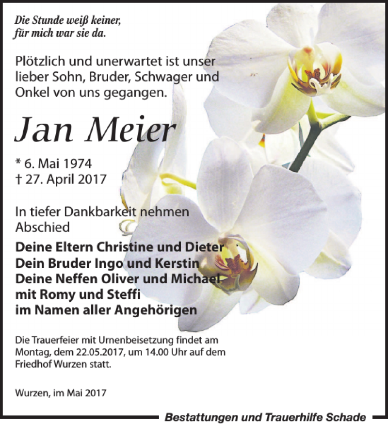 Traueranzeigen Von Jan Meier Trauer Anzeigen De